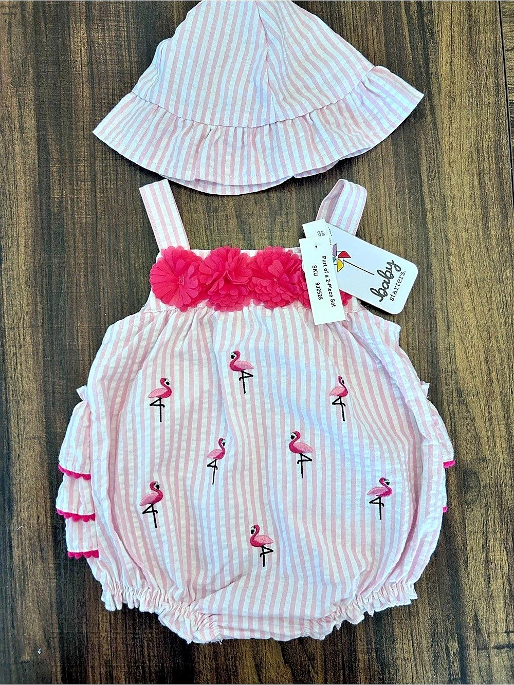 Baby Starters Pink Flamingo Ruffle Bubble and Hat Set Romper Set 9M